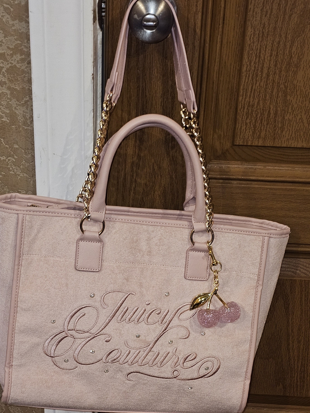 Juicy Couture Pale Pink Velvet Tote with Gold Chain & Cherry Charm - Picture 8 of 11